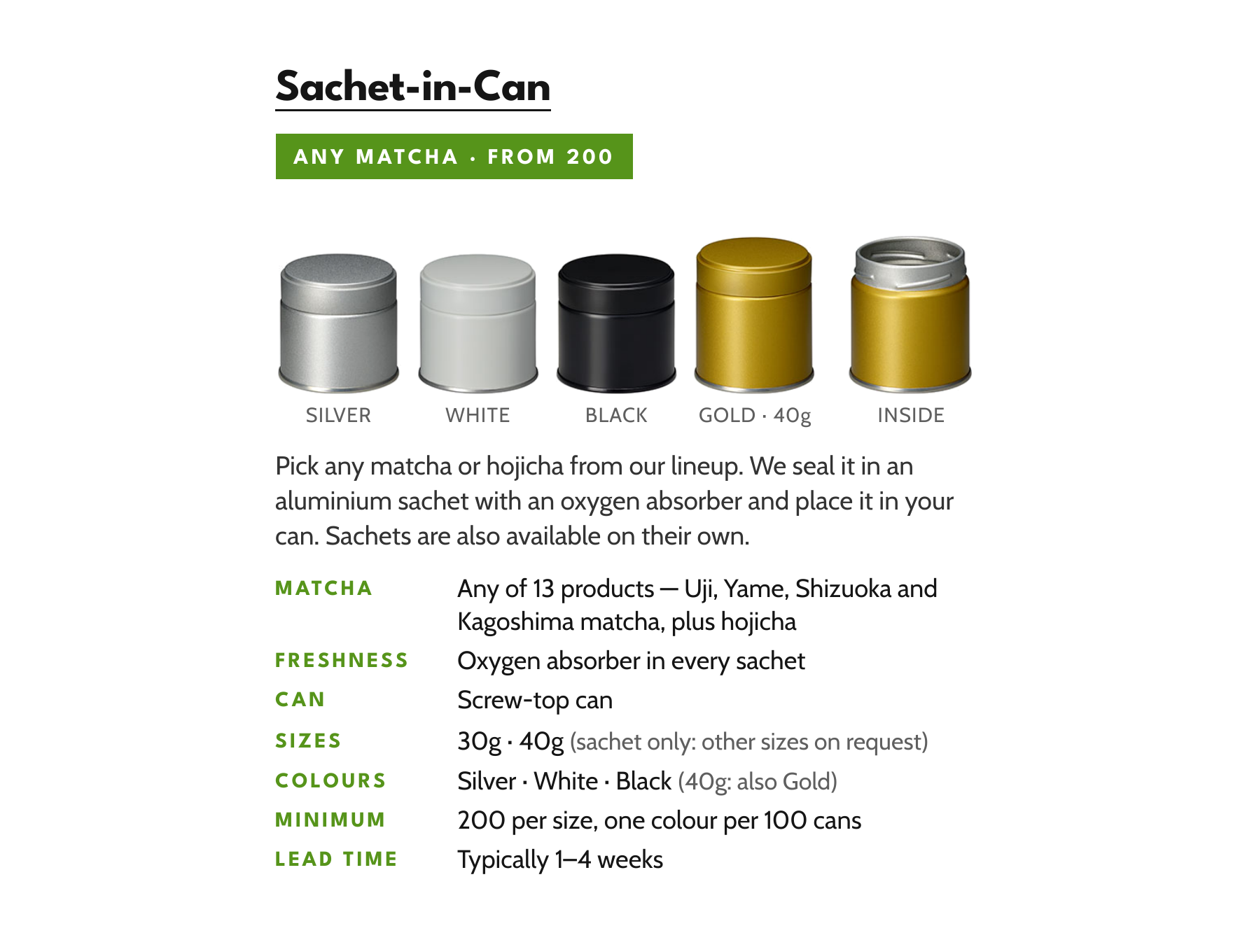 RIKYU Sachet-in-Can: any matcha, from 200, in silver, white, black and gold, with specifications