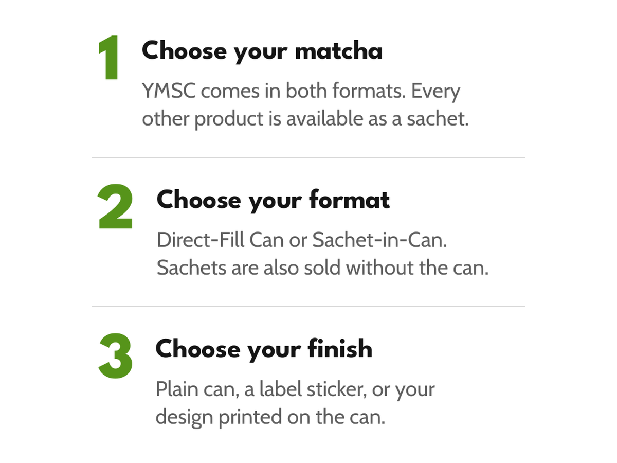 Three steps: choose your matcha, choose your format, choose your finish